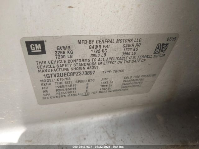 Photo 8 VIN: 1GTV2UEC8FZ373897 - GMC SIERRA 1500 