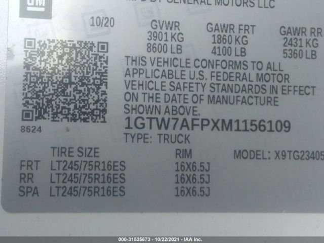 Photo 8 VIN: 1GTW7AFPXM1156109 - GMC SAVANA CARGO VAN 