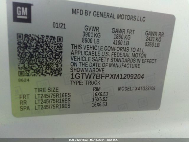 Photo 8 VIN: 1GTW7BFPXM1209204 - GMC SAVANA CARGO VAN 