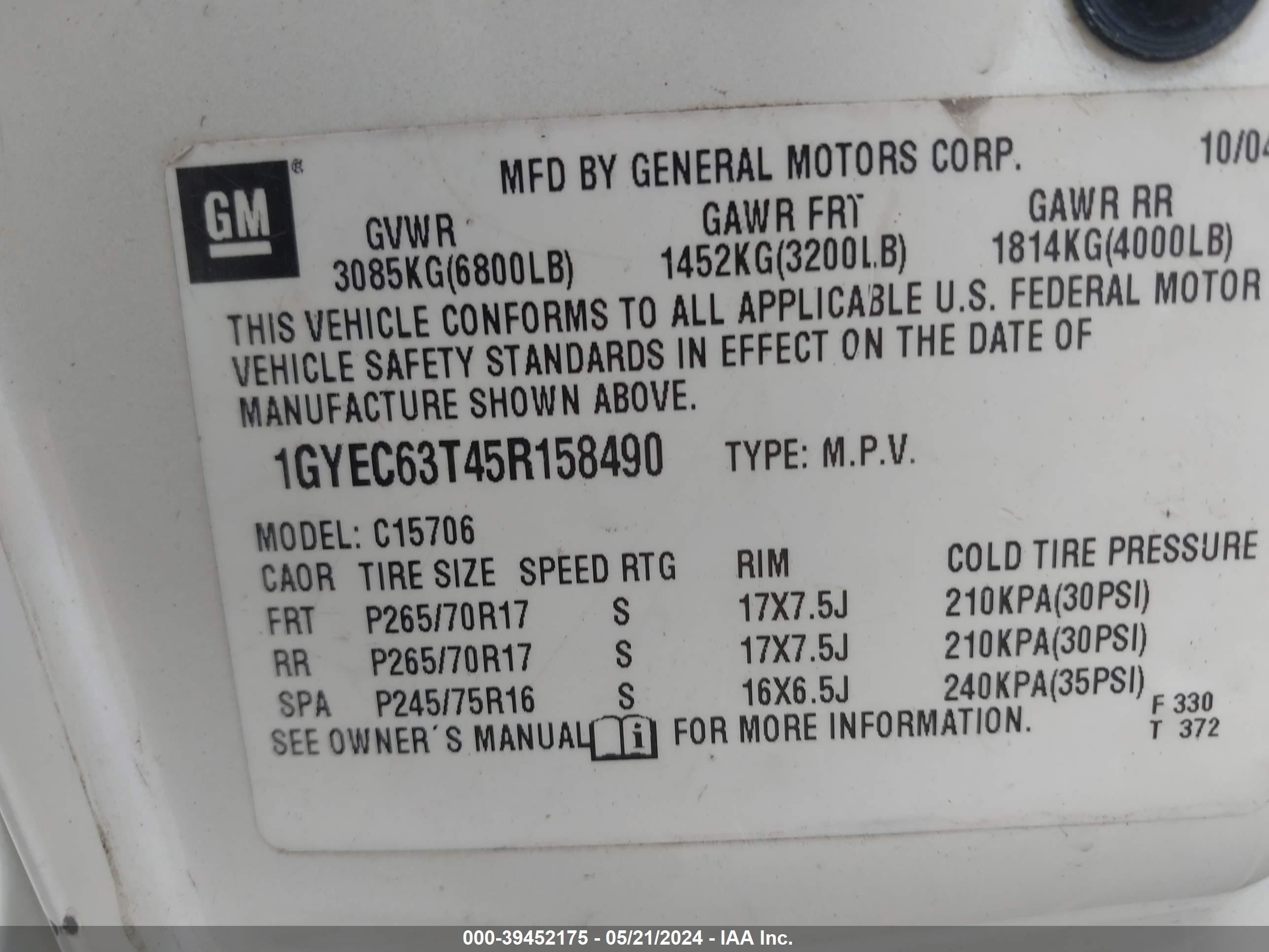 Photo 8 VIN: 1GYEC63T45R158490 - CADILLAC ESCALADE 