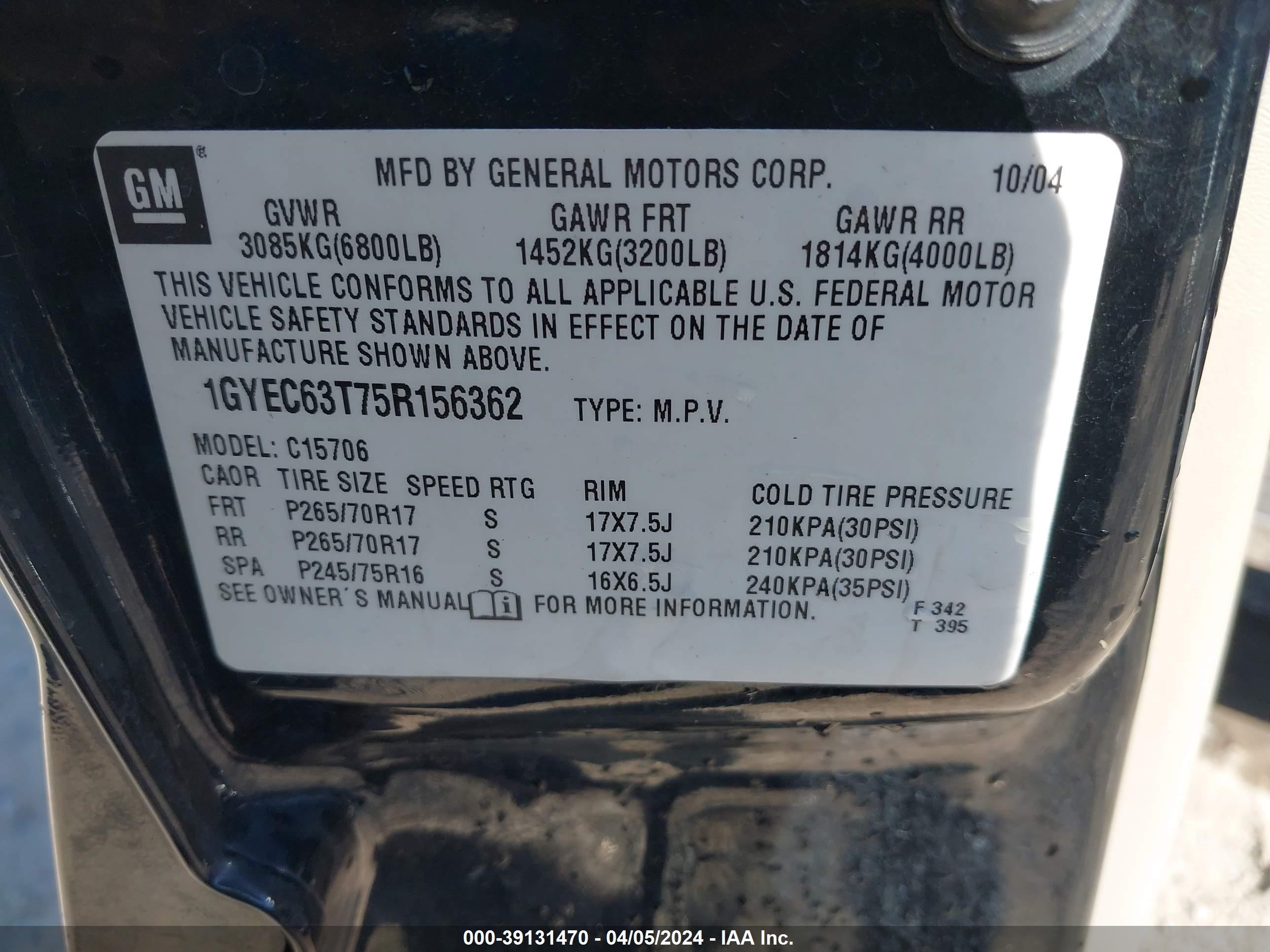 Photo 8 VIN: 1GYEC63T75R156362 - CADILLAC ESCALADE 