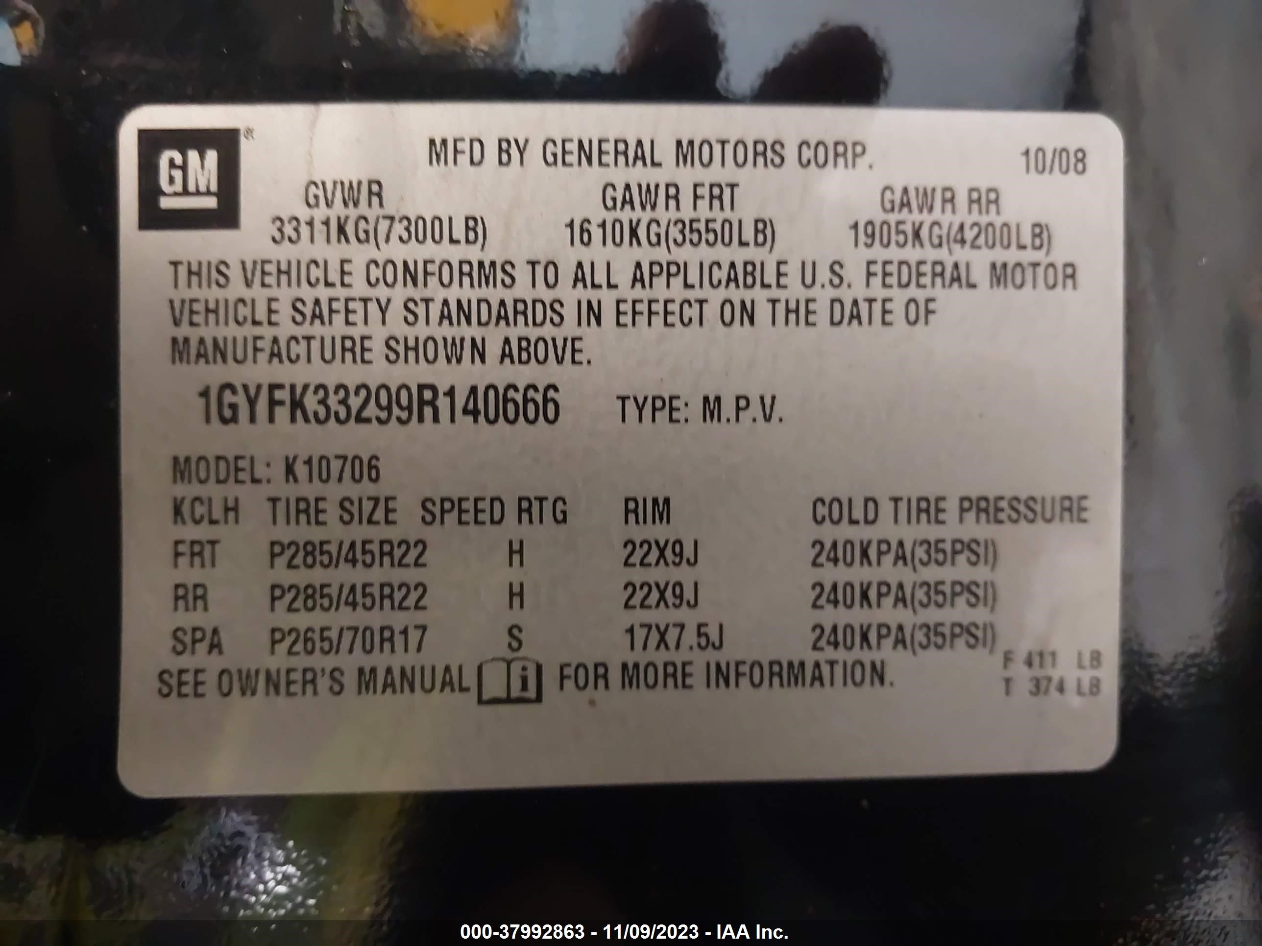 Photo 8 VIN: 1GYFK33299R140666 - CADILLAC ESCALADE 