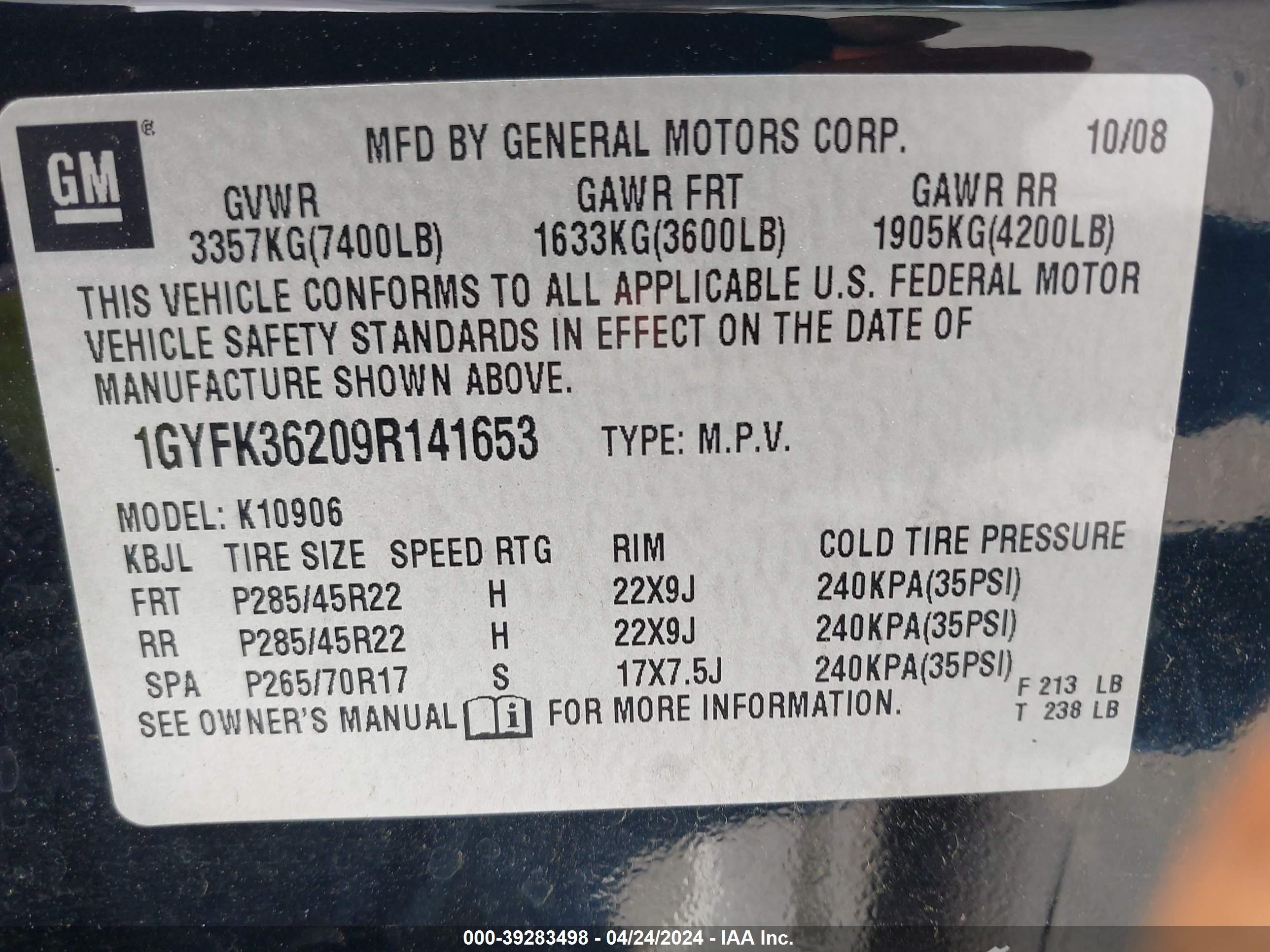 Photo 8 VIN: 1GYFK36209R141653 - CADILLAC ESCALADE 