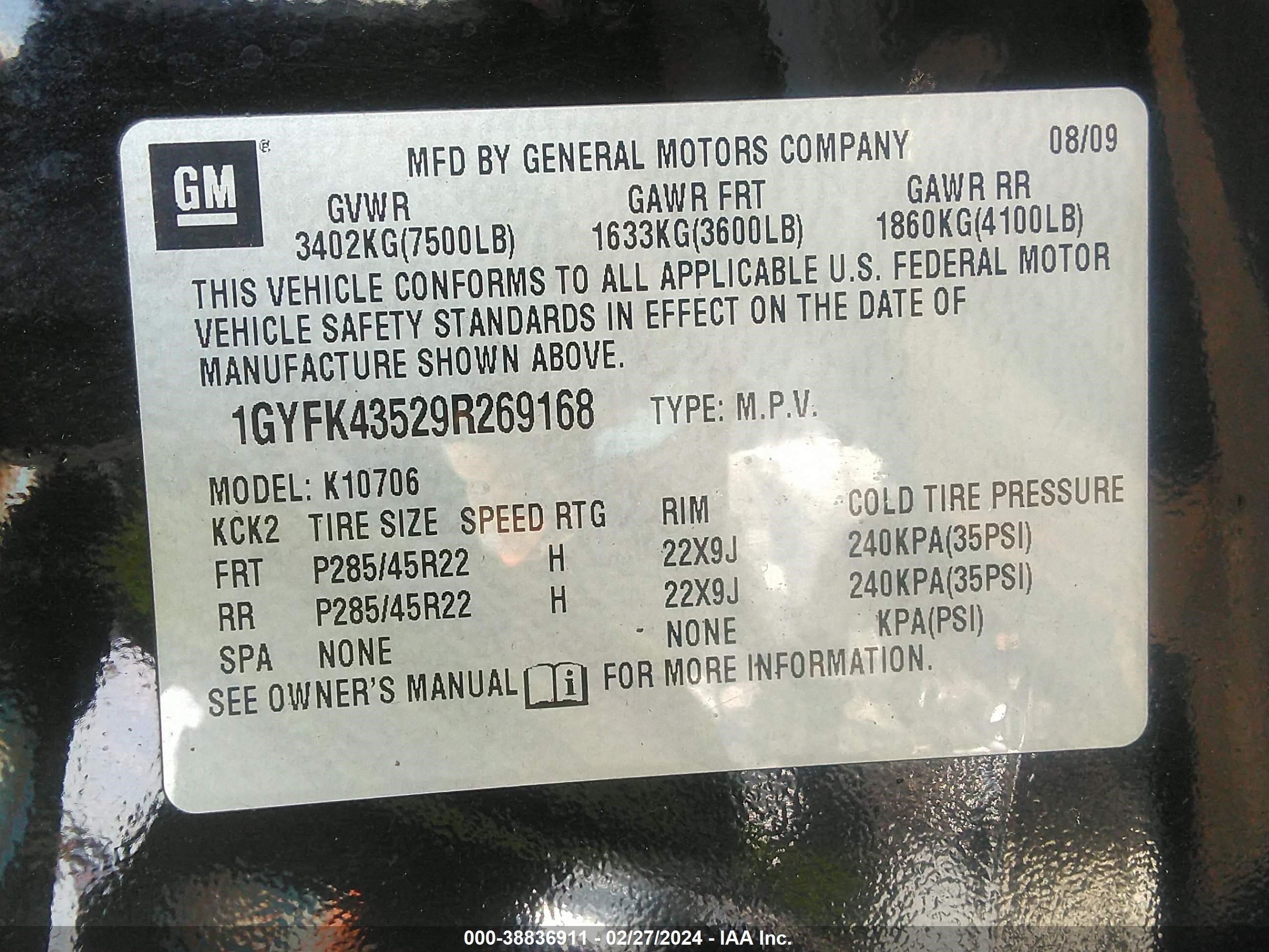 Photo 8 VIN: 1GYFK43529R269168 - CADILLAC ESCALADE 