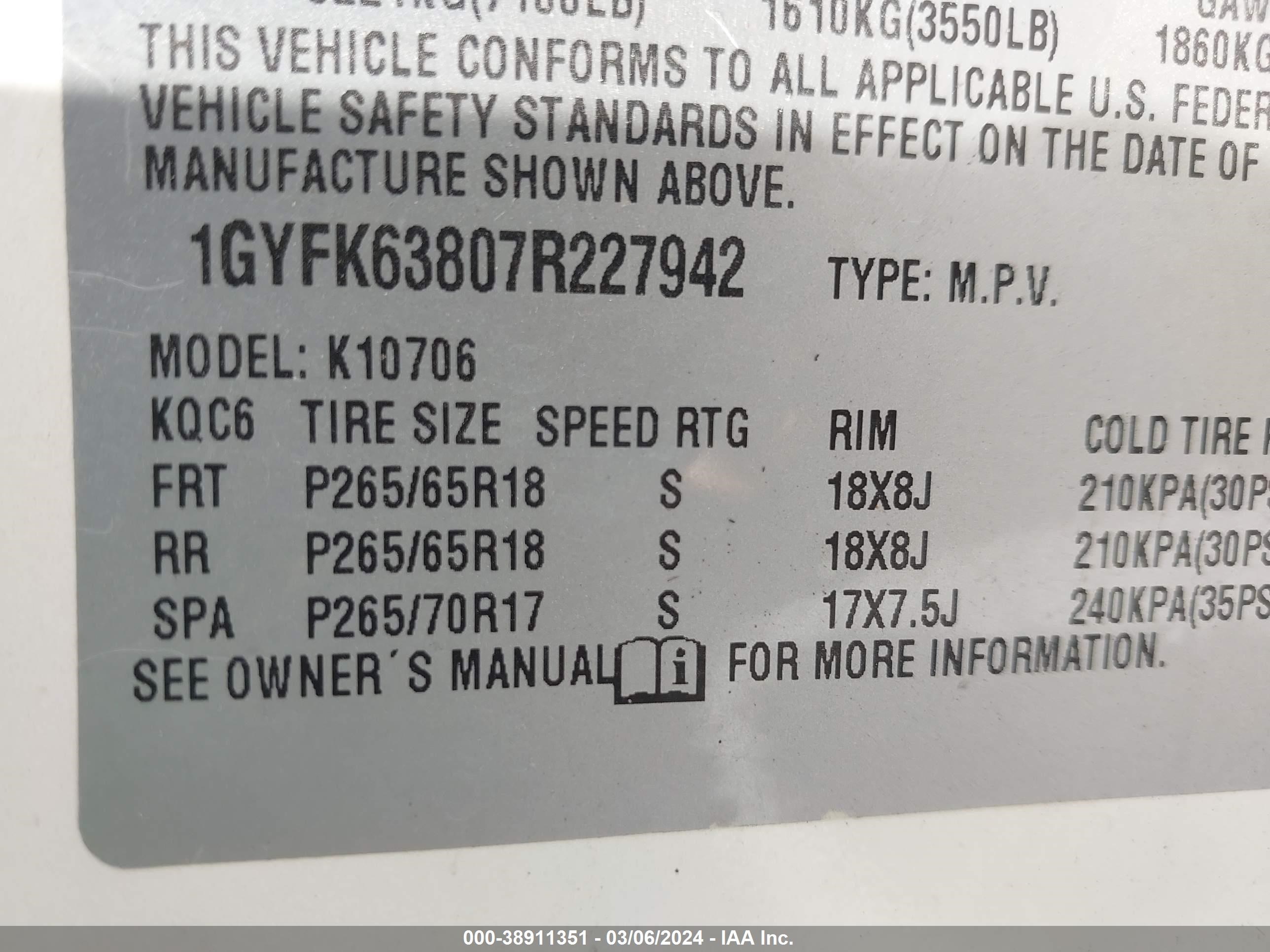 Photo 8 VIN: 1GYFK63807R227942 - CADILLAC ESCALADE 