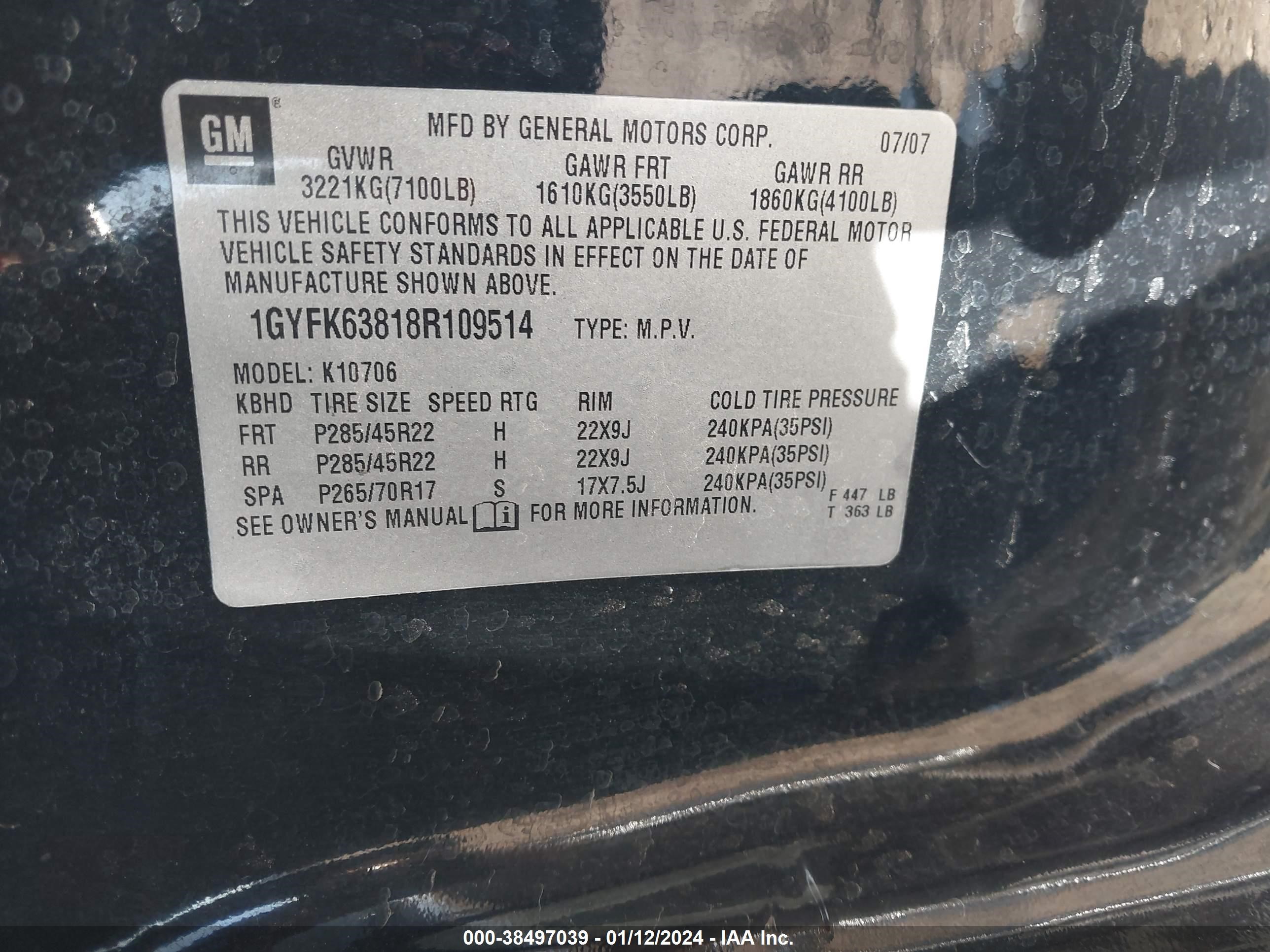 Photo 8 VIN: 1GYFK63818R109514 - CADILLAC ESCALADE 