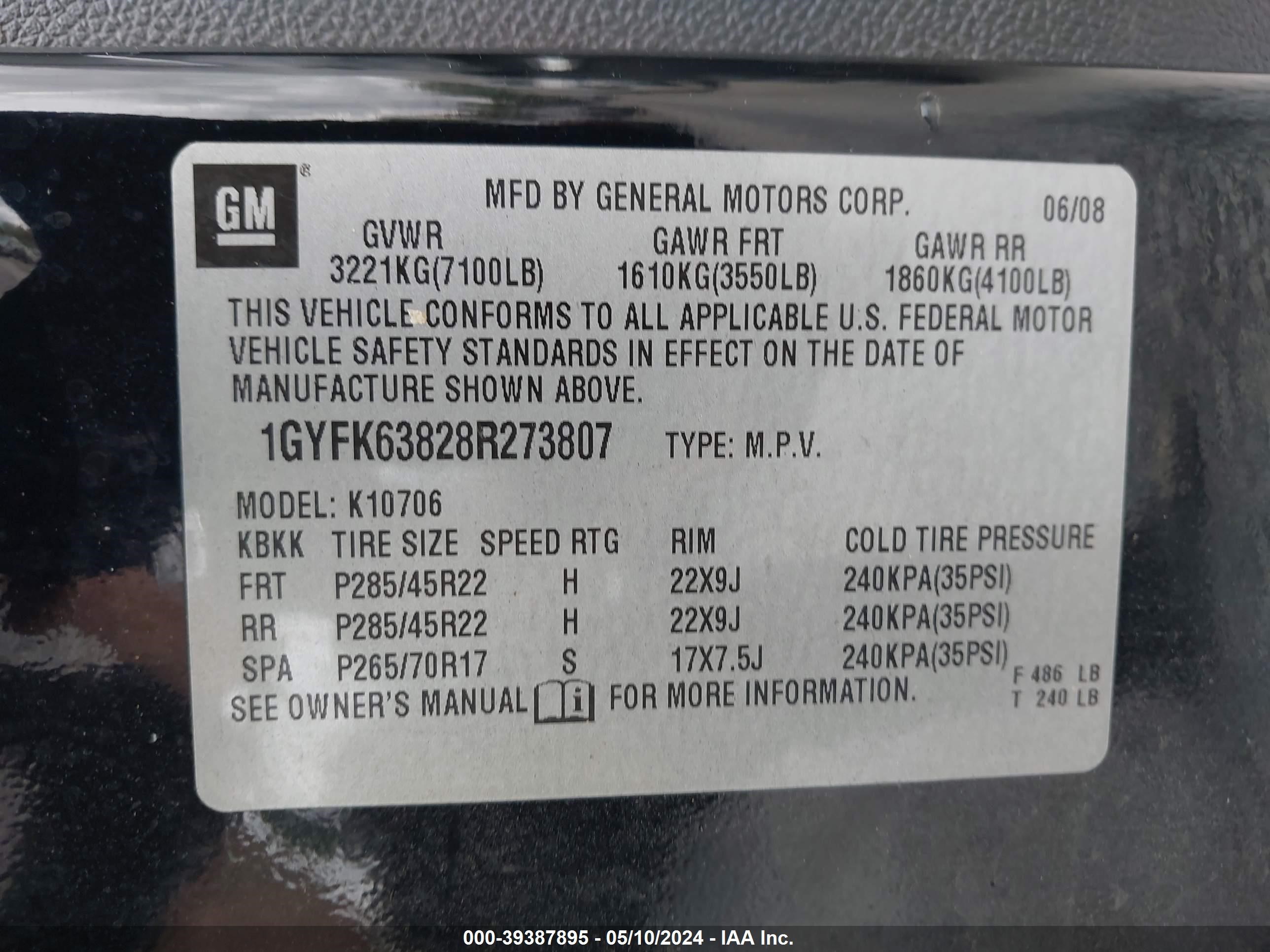 Photo 8 VIN: 1GYFK63828R273807 - CADILLAC ESCALADE 