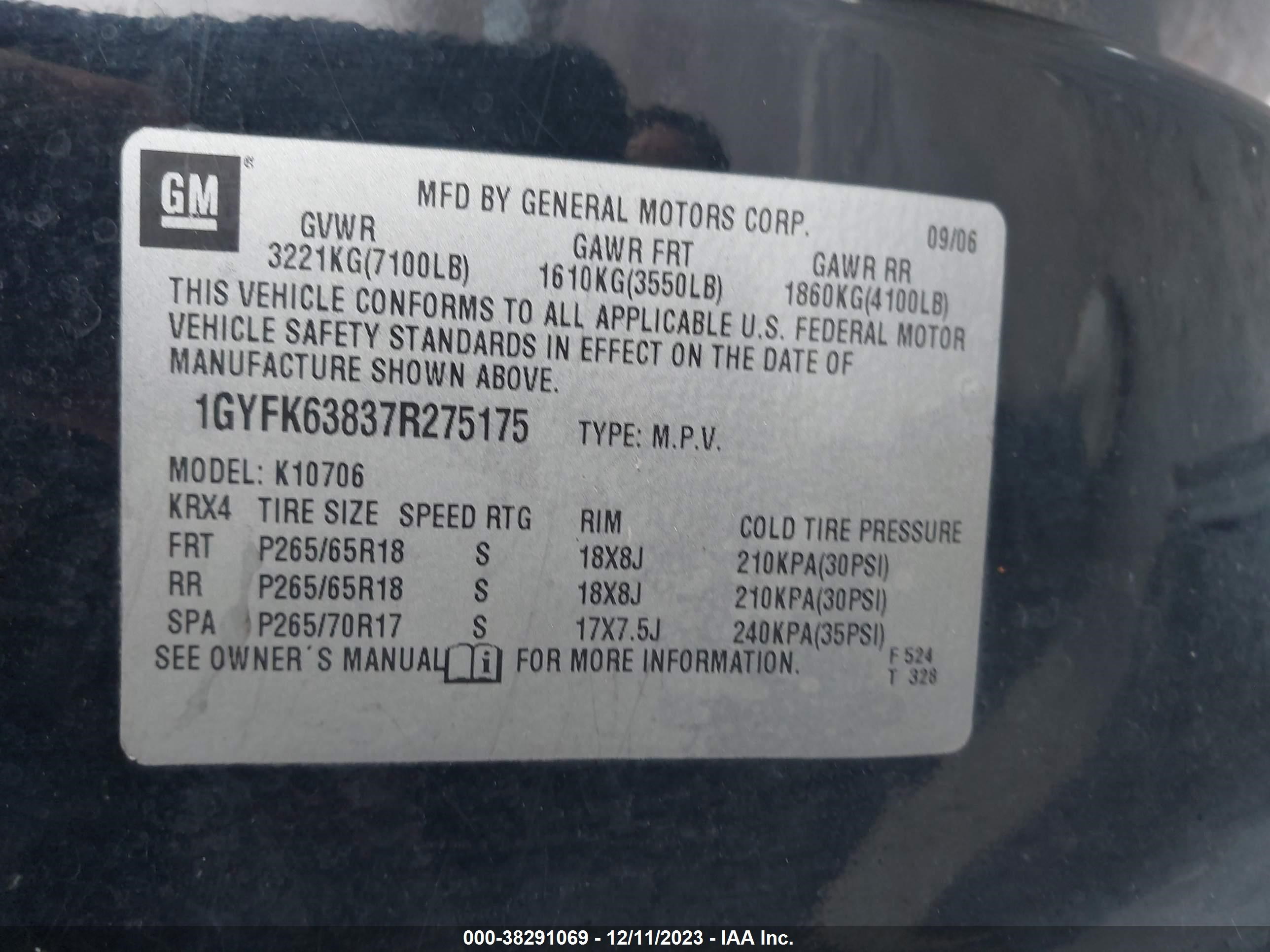 Photo 8 VIN: 1GYFK63837R275175 - CADILLAC ESCALADE 