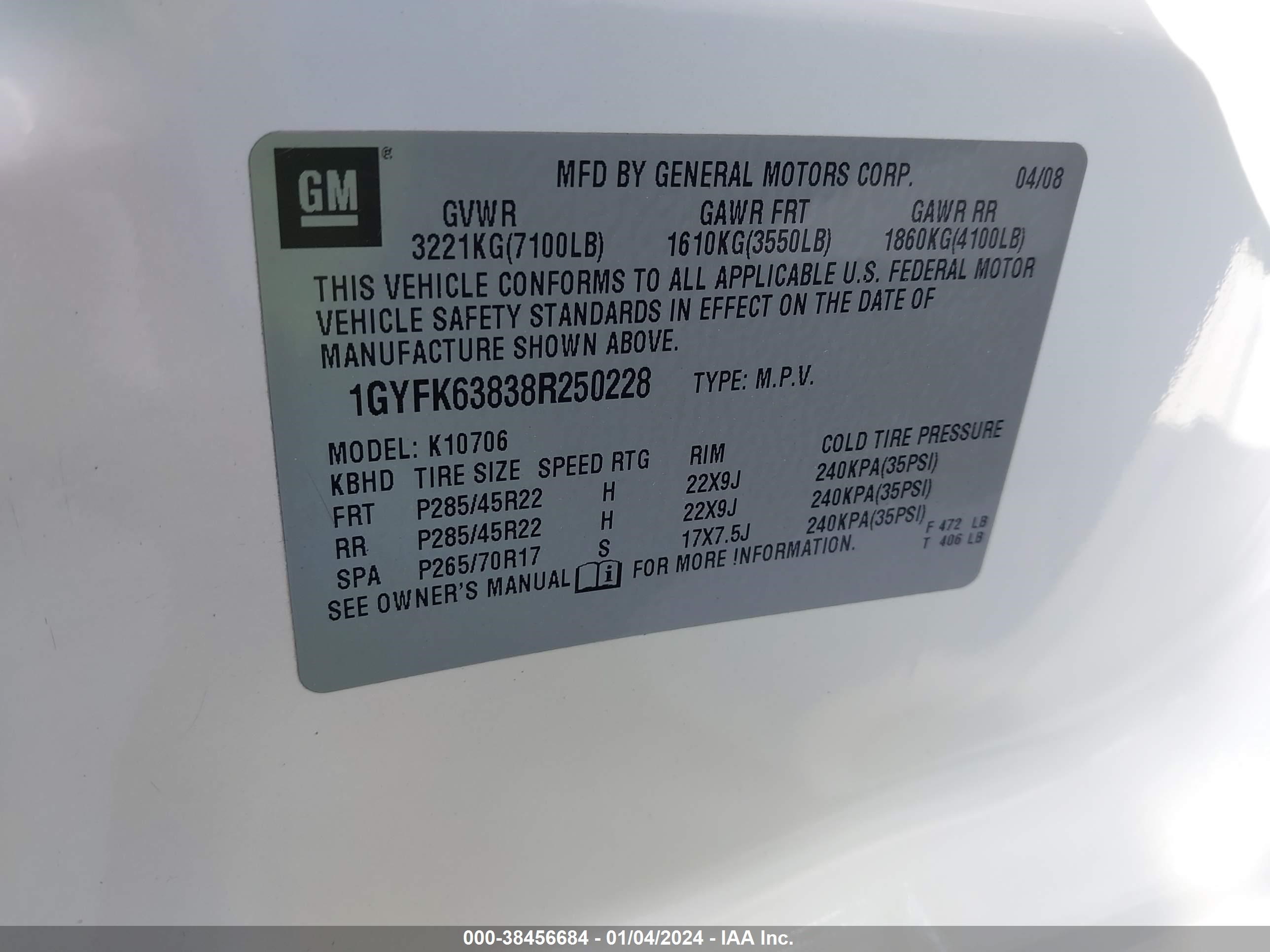 Photo 8 VIN: 1GYFK63838R250228 - CADILLAC ESCALADE 