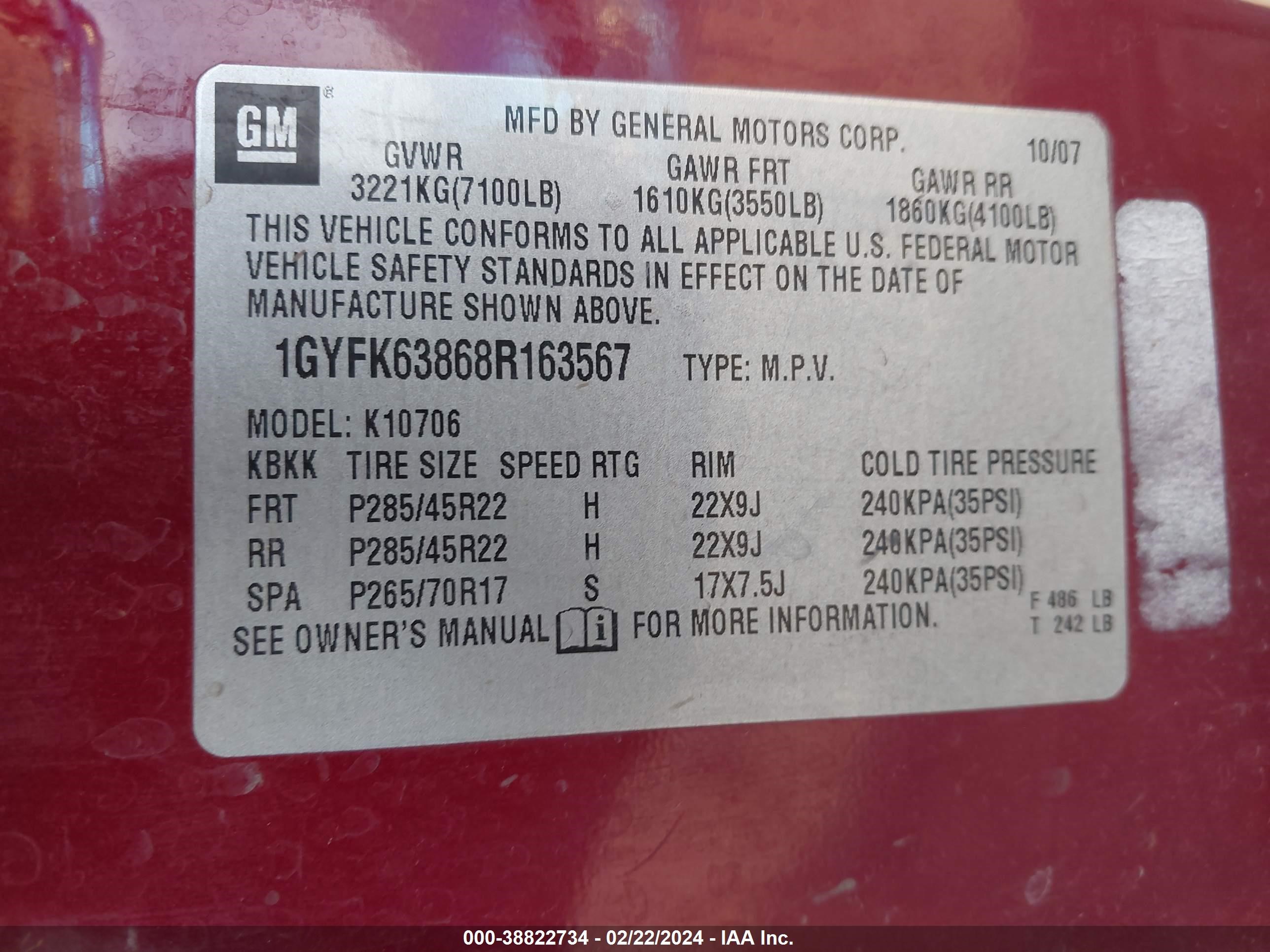 Photo 8 VIN: 1GYFK63868R163567 - CADILLAC ESCALADE 