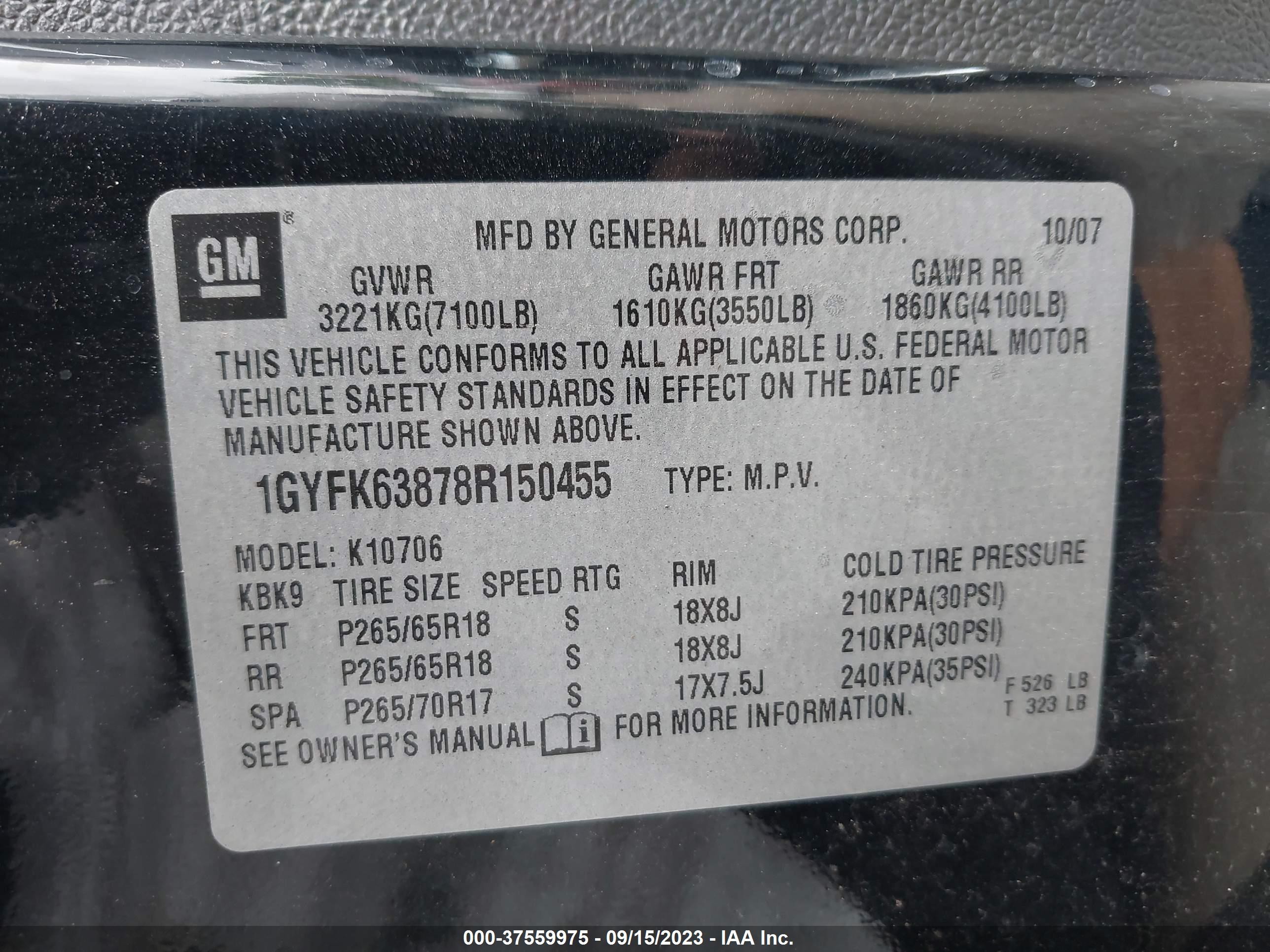 Photo 8 VIN: 1GYFK63878R150455 - CADILLAC ESCALADE 