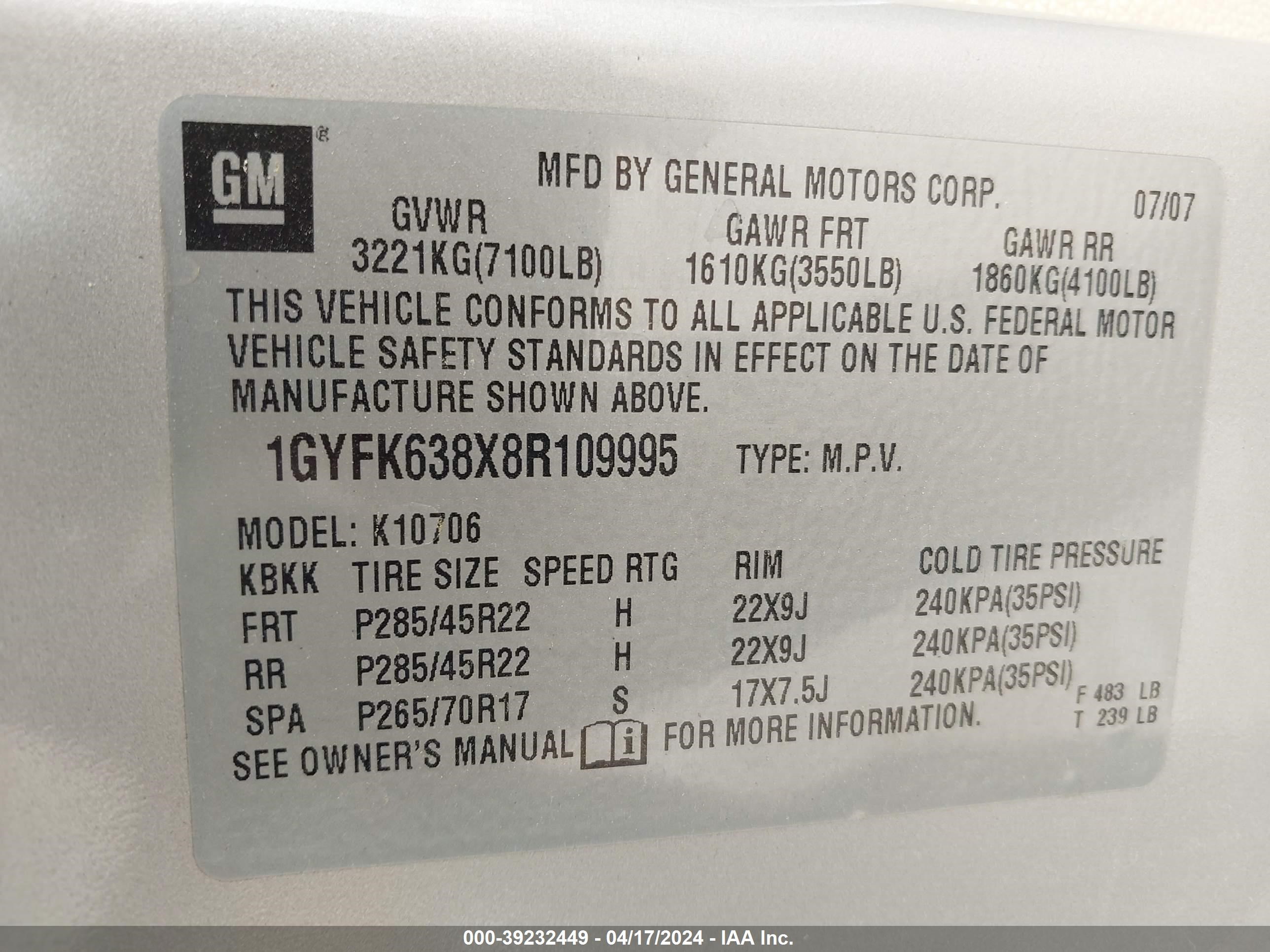 Photo 9 VIN: 1GYFK638X8R109995 - CADILLAC ESCALADE 