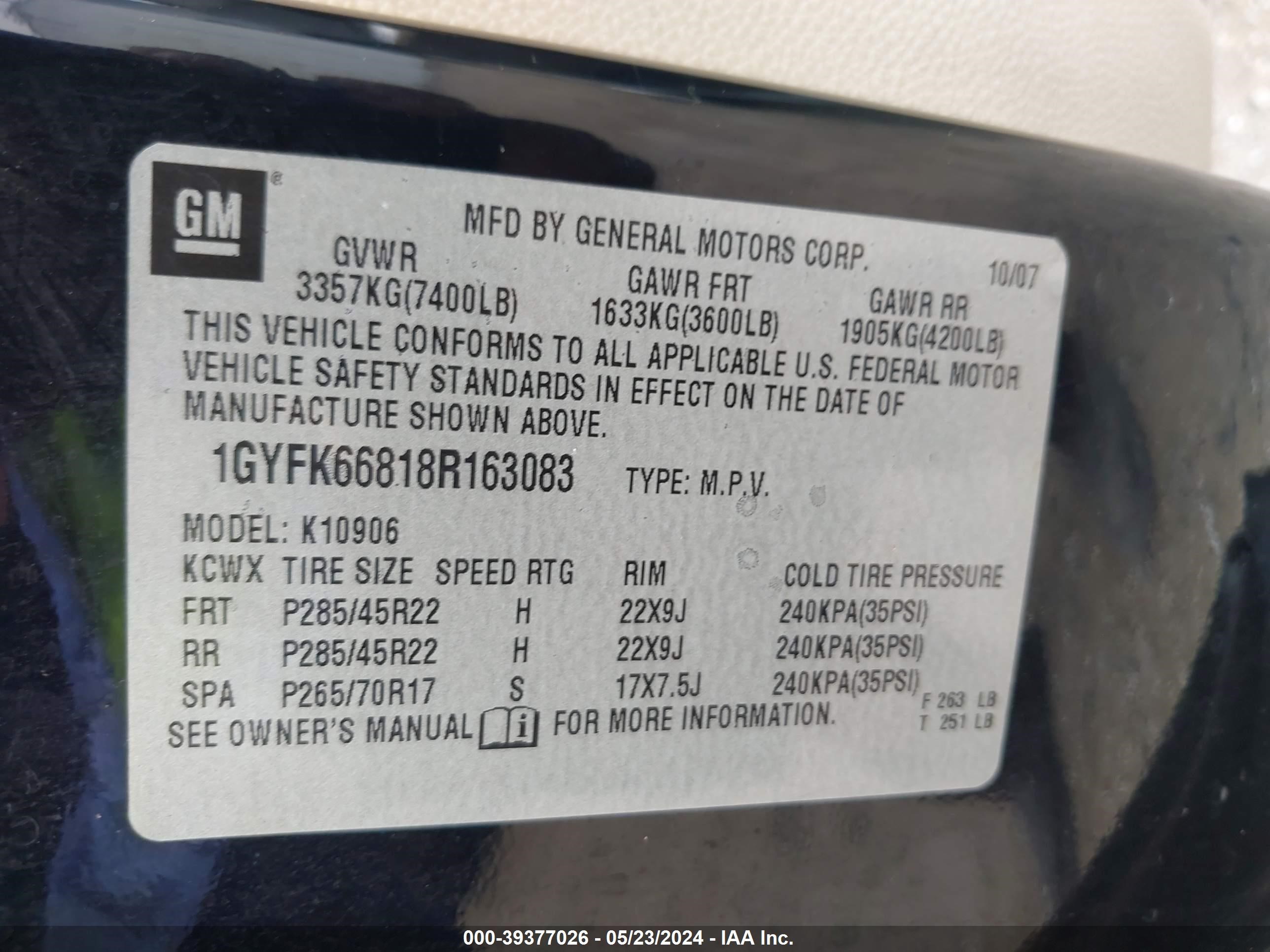 Photo 8 VIN: 1GYFK66818R163083 - CADILLAC ESCALADE 