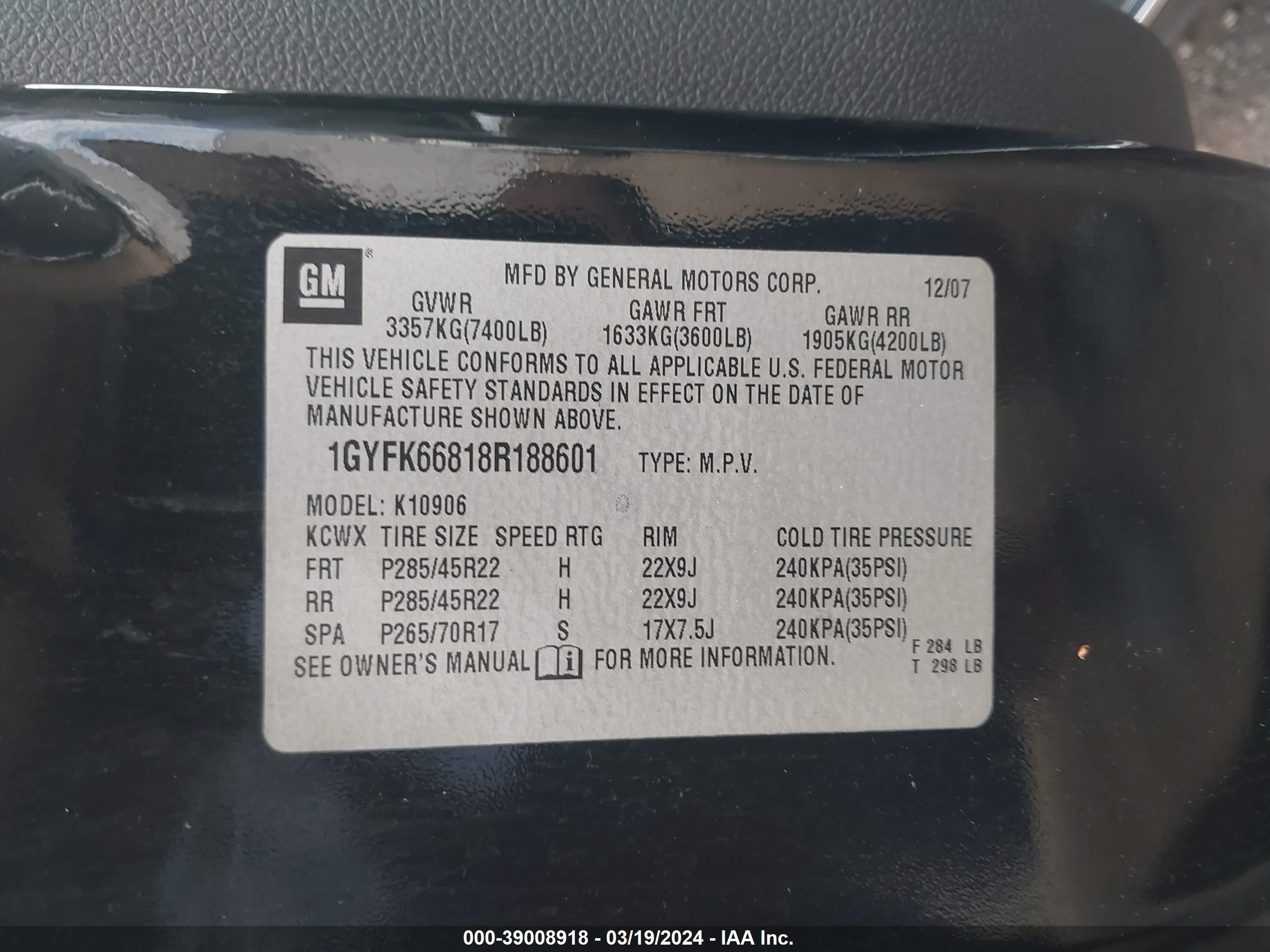 Photo 8 VIN: 1GYFK66818R188601 - CADILLAC ESCALADE 