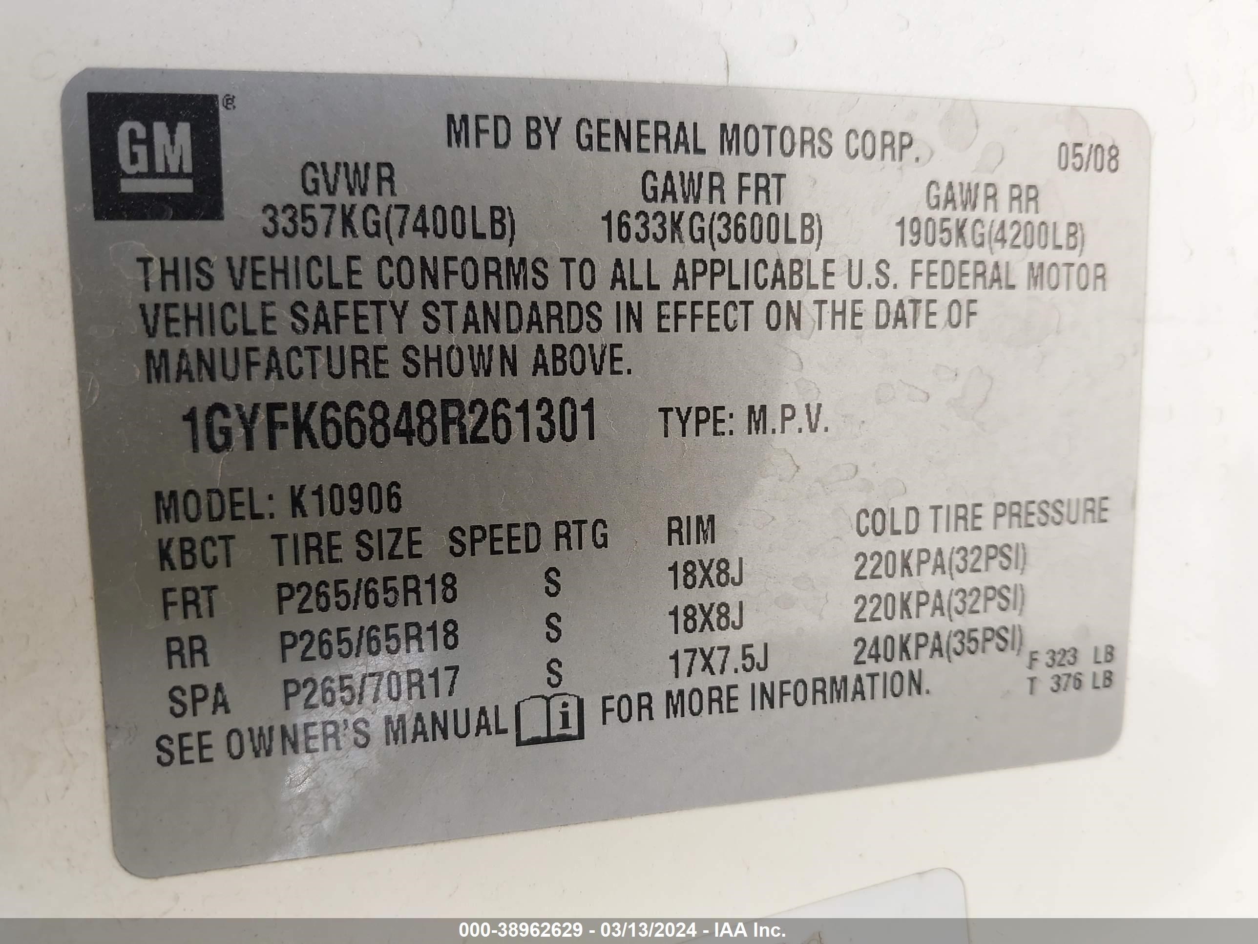 Photo 8 VIN: 1GYFK66848R261301 - CADILLAC ESCALADE 