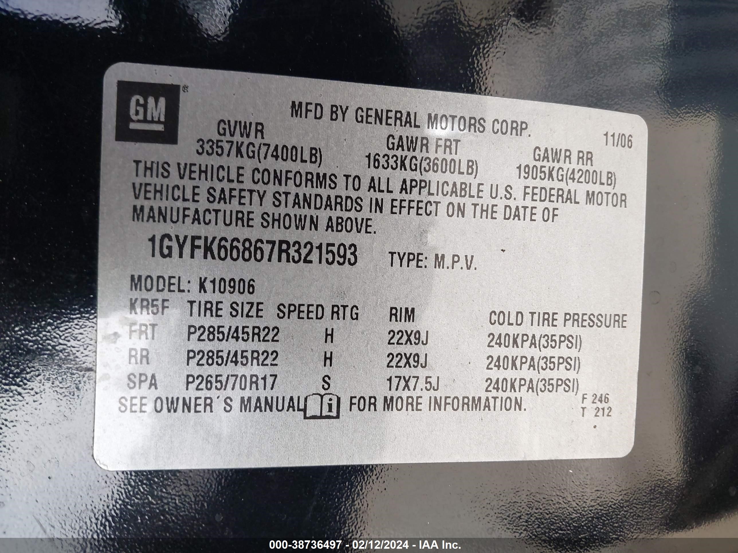 Photo 8 VIN: 1GYFK66867R321593 - CADILLAC ESCALADE 