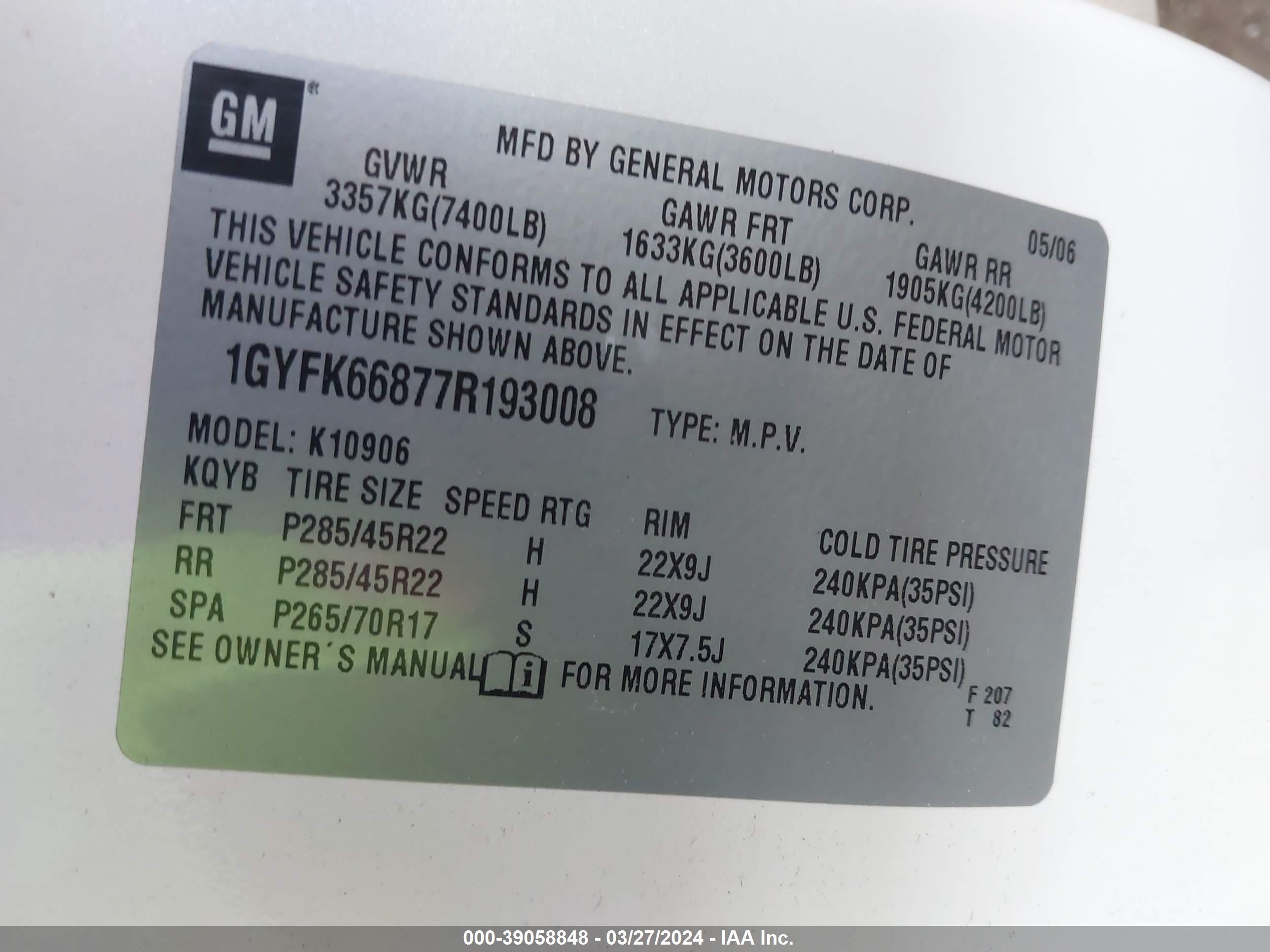 Photo 8 VIN: 1GYFK66877R193008 - CADILLAC ESCALADE 