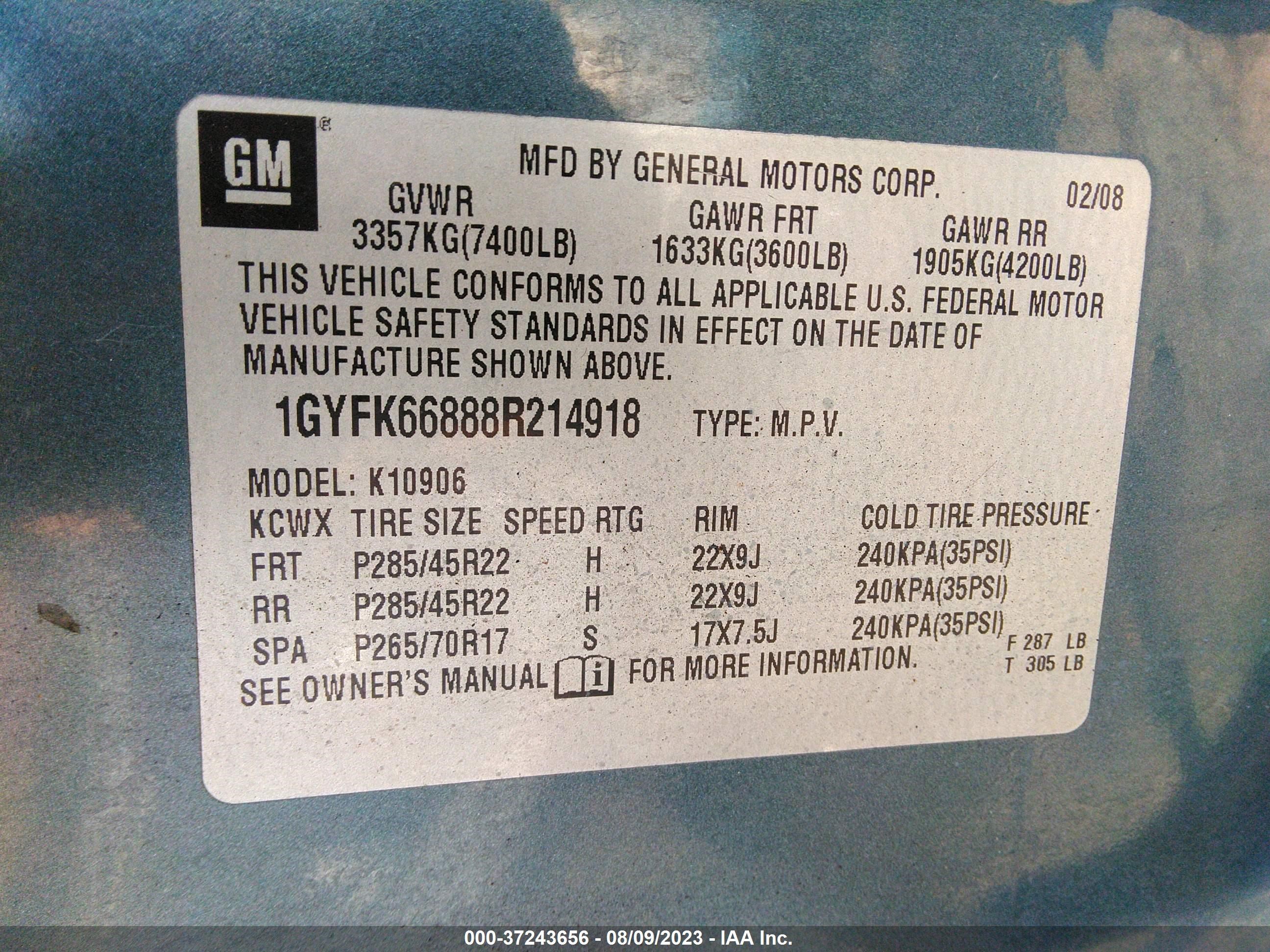 Photo 8 VIN: 1GYFK66888R214918 - CADILLAC ESCALADE 