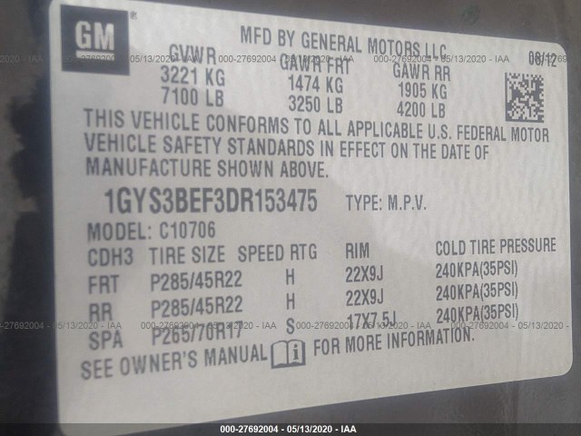 Photo 8 VIN: 1GYS3BEF3DR153475 - CADILLAC ESCALADE 