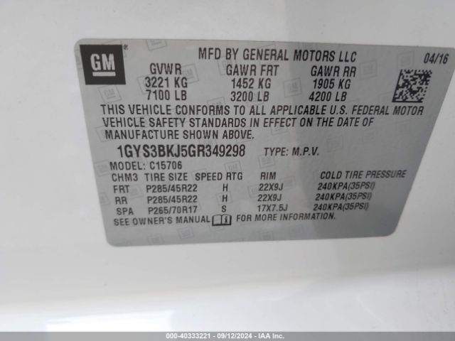 Photo 8 VIN: 1GYS3BKJ5GR349298 - CADILLAC ESCALADE 