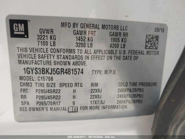 Photo 8 VIN: 1GYS3BKJ5GR481574 - CADILLAC ESCALADE 