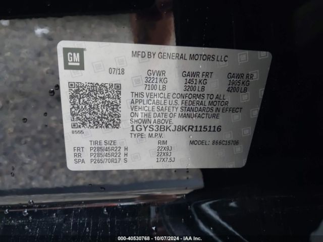 Photo 8 VIN: 1GYS3BKJ8KR115116 - CADILLAC ESCALADE 