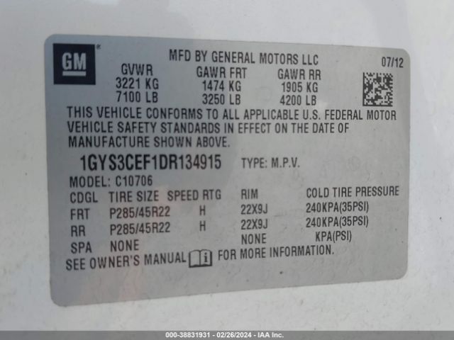 Photo 8 VIN: 1GYS3CEF1DR134915 - CADILLAC ESCALADE 