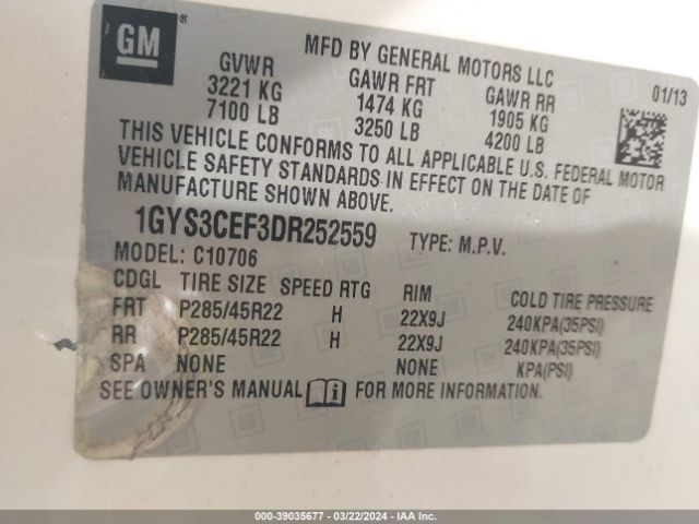 Photo 8 VIN: 1GYS3CEF3DR252559 - CADILLAC ESCALADE 