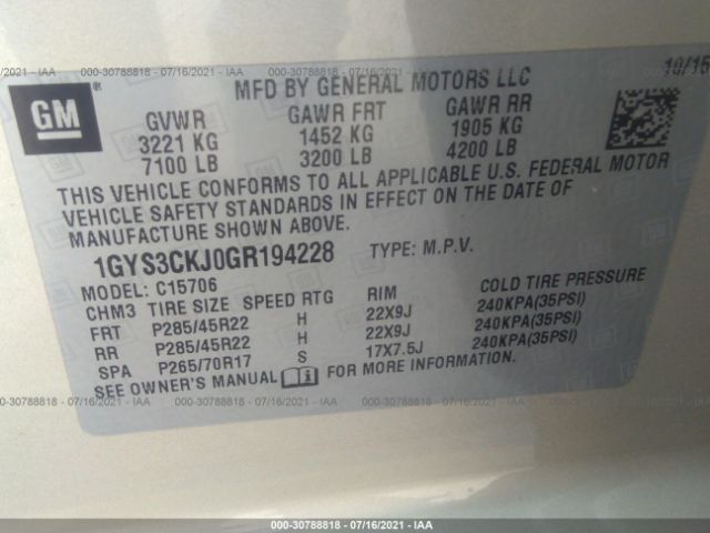 Photo 8 VIN: 1GYS3CKJ0GR194228 - CADILLAC ESCALADE 