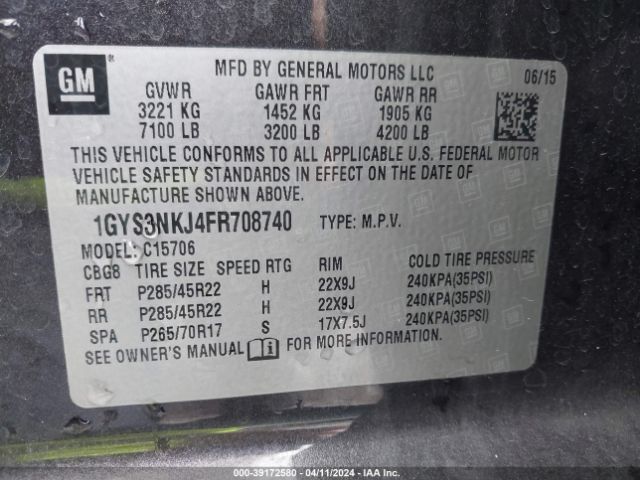 Photo 8 VIN: 1GYS3NKJ4FR708740 - CADILLAC ESCALADE 