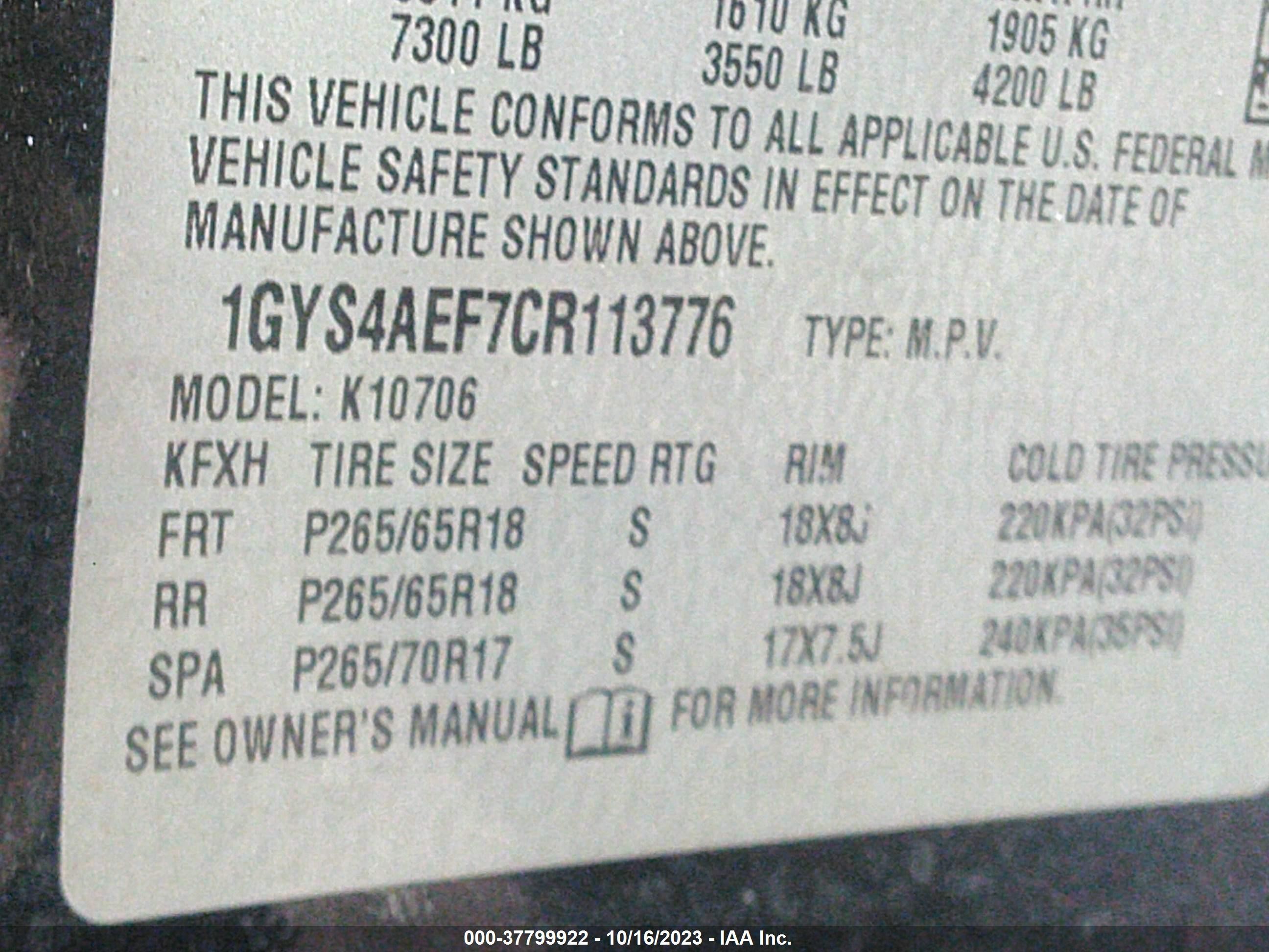 Photo 8 VIN: 1GYS4AEF7CR113776 - CADILLAC ESCALADE 