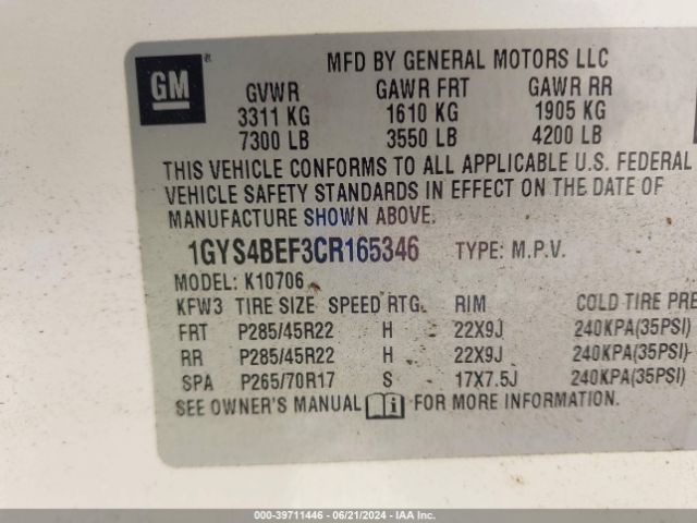 Photo 8 VIN: 1GYS4BEF3CR165346 - CADILLAC ESCALADE 