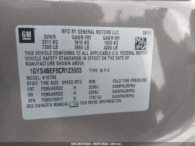 Photo 8 VIN: 1GYS4BEF8CR123903 - CADILLAC ESCALADE 