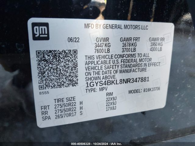 Photo 8 VIN: 1GYS4BKL8NR347881 - CADILLAC ESCALADE 