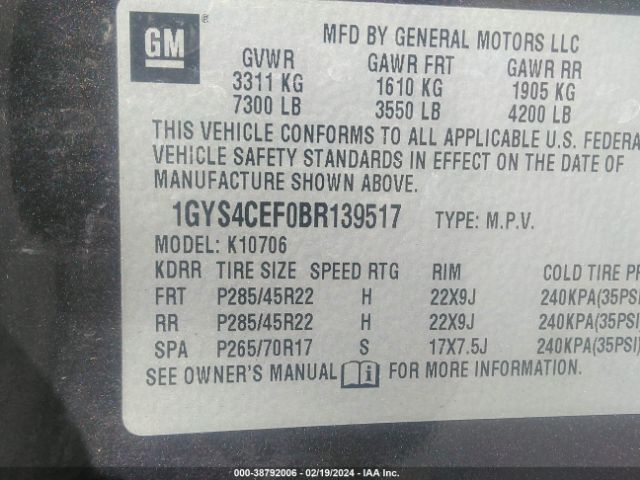 Photo 8 VIN: 1GYS4CEF0BR139517 - CADILLAC ESCALADE 