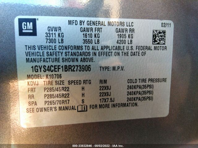 Photo 8 VIN: 1GYS4CEF1BR273906 - CADILLAC ESCALADE 