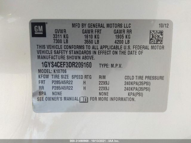 Photo 8 VIN: 1GYS4CEF3DR209160 - CADILLAC ESCALADE 