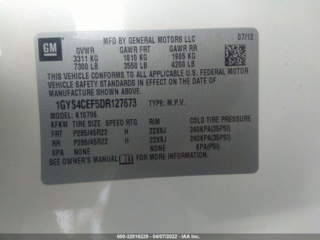 Photo 8 VIN: 1GYS4CEF5DR127673 - CADILLAC ESCALADE 