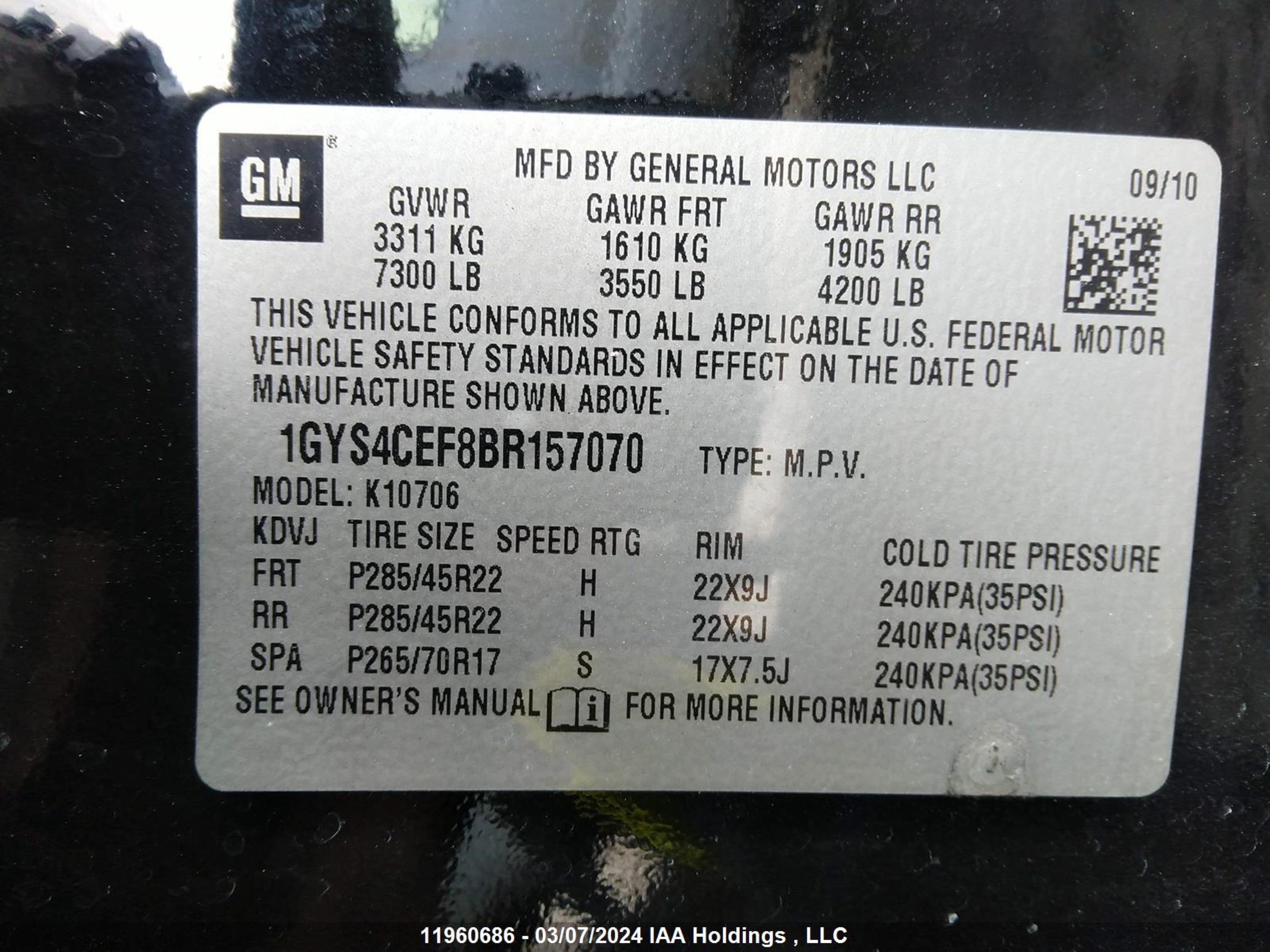 Photo 8 VIN: 1GYS4CEF8BR157070 - CADILLAC ESCALADE 