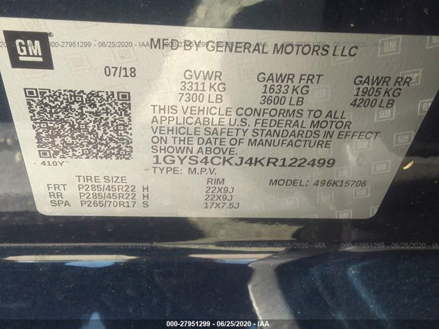 Photo 8 VIN: 1GYS4CKJ4KR122499 - CADILLAC ESCALADE 