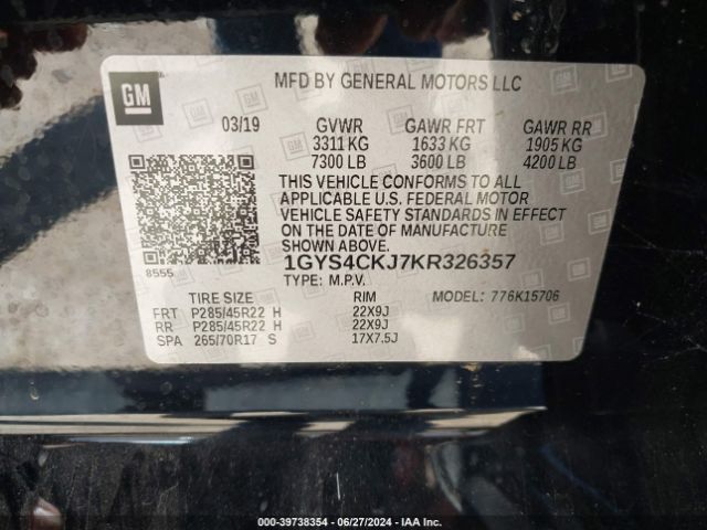 Photo 8 VIN: 1GYS4CKJ7KR326357 - CADILLAC ESCALADE 