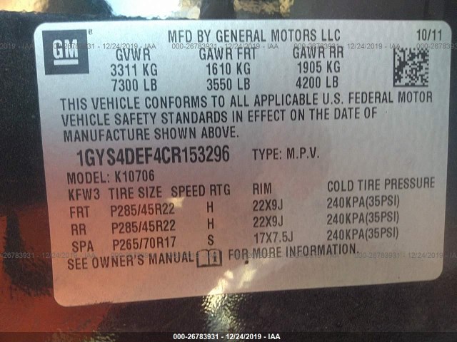 Photo 8 VIN: 1GYS4DEF4CR153296 - CADILLAC ESCALADE 