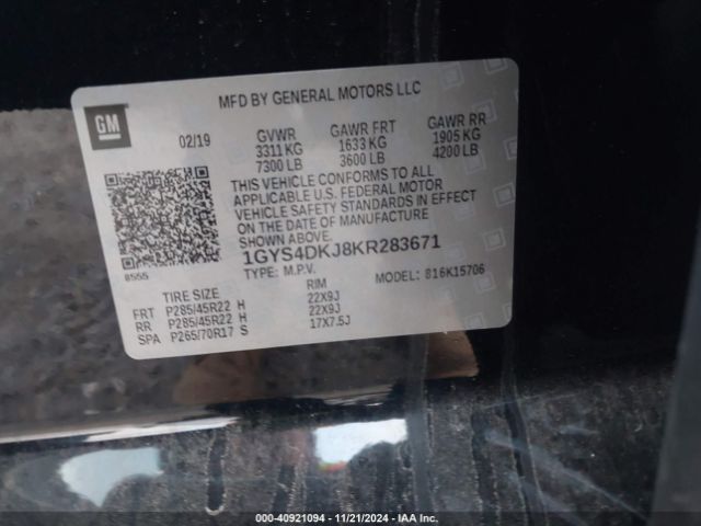 Photo 8 VIN: 1GYS4DKJ8KR283671 - CADILLAC ESCALADE 