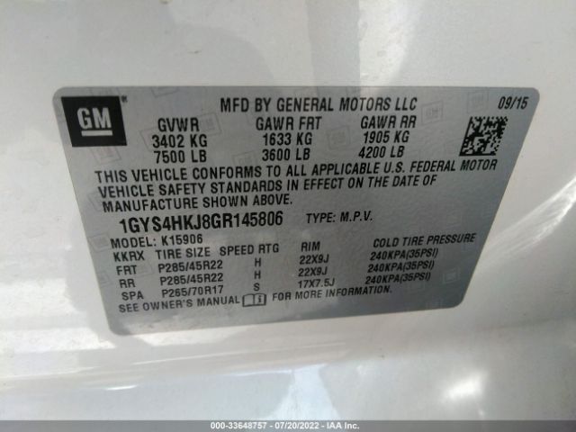 Photo 8 VIN: 1GYS4HKJ8GR145806 - CADILLAC ESCALADE ESV 