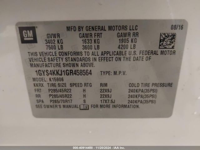 Photo 8 VIN: 1GYS4KKJ1GR458564 - CADILLAC ESCALADE 