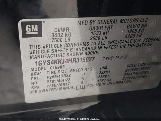 Photo 8 VIN: 1GYS4KKJ4HR315027 - CADILLAC ESCALADE E 