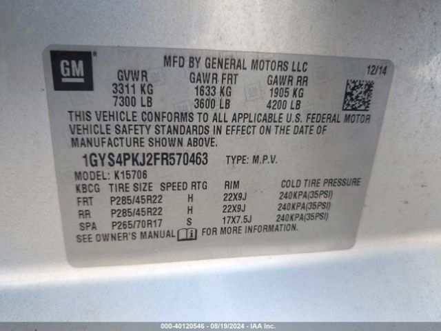 Photo 8 VIN: 1GYS4PKJ2FR570463 - CADILLAC ESCALADE 