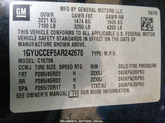 Photo 8 VIN: 1GYUCCEF5AR242670 - CADILLAC ESCALADE 