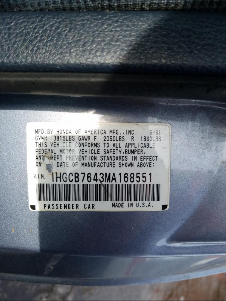 Photo 9 VIN: 1HGCB7643MA168551 - HONDA ACCORD DX 