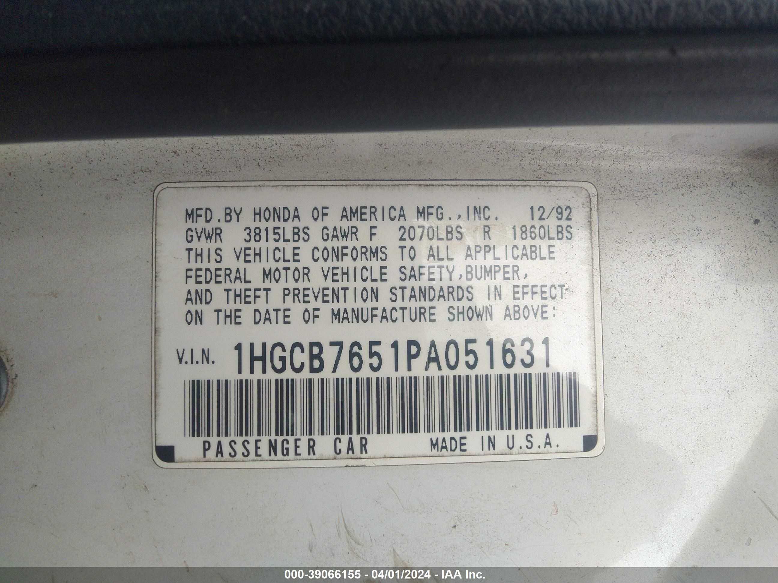 Photo 8 VIN: 1HGCB7651PA051631 - HONDA ACCORD 